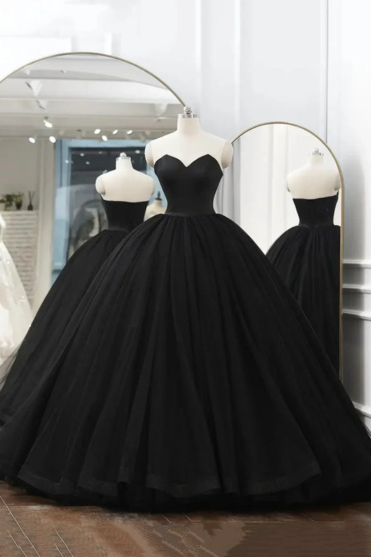 Black Tulle Long A-Line Prom Dresses, Black Strapless Long Evening Dresses TP701