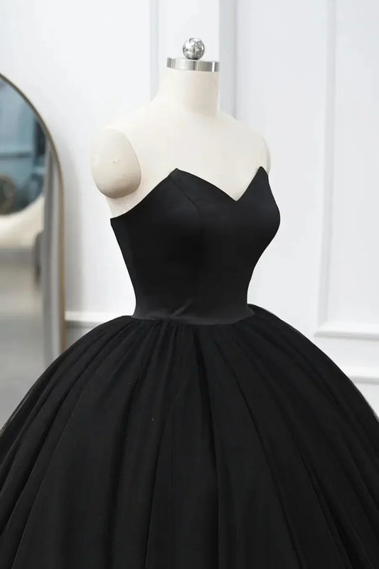 Black Tulle Long A-Line Prom Dresses, Black Strapless Long Evening Dresses TP701