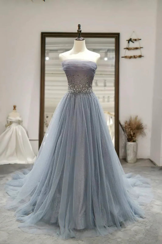 Vestidos de fiesta largos de tul gris con cuentas, vestidos de noche de corte A sin tirantes TP702