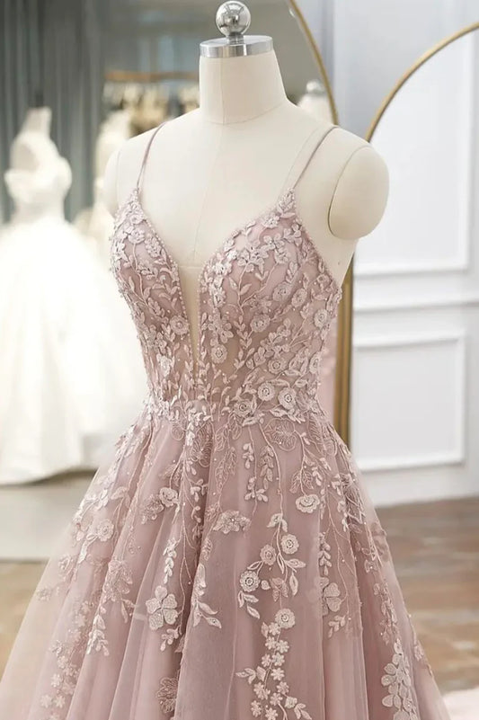 Previous Next   Pink Tulle Lace Long Prom Dresses, A-line Spaghetti Strap Evening Dresses TP703