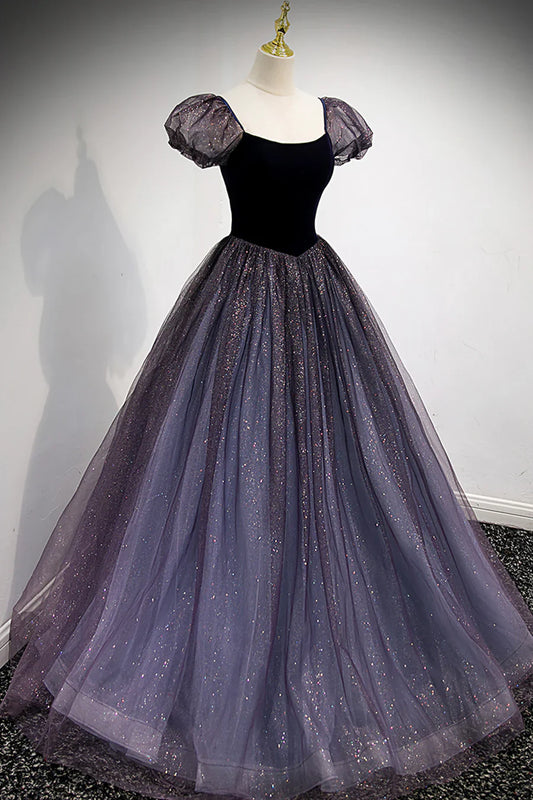 Vestidos de fiesta largos de tul y terciopelo morado, vestidos de noche de corte A TP705