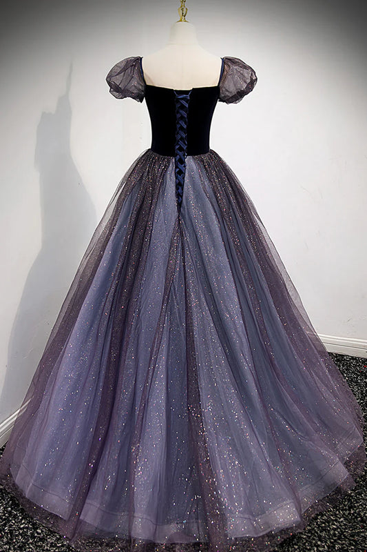 Vestidos de fiesta largos de tul y terciopelo morado, vestidos de noche de corte A TP705