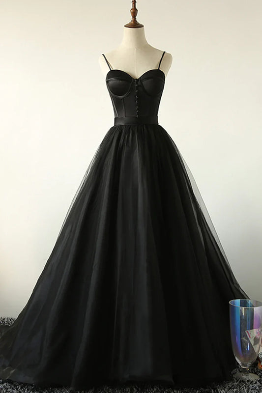 Black A-Line Spaghetti Strap Long Prom Dresses, Black Evening Dresses TP714