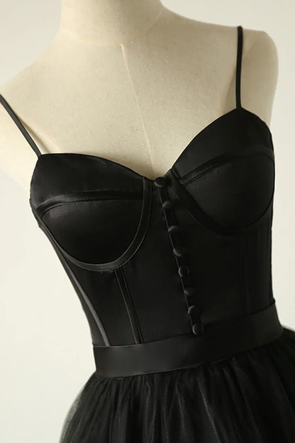 Black A-Line Spaghetti Strap Long Prom Dresses, Black Evening Dresses TP714