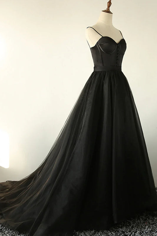 Black A-Line Spaghetti Strap Long Prom Dresses, Black Evening Dresses TP714