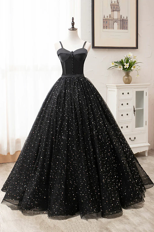 Black Tulle Long A-Line Long Prom Dresses, Black Evening Party Dresses TP724