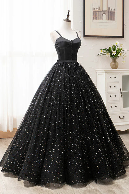 Black Tulle Long A-Line Long Prom Dresses, Black Evening Party Dresses TP724