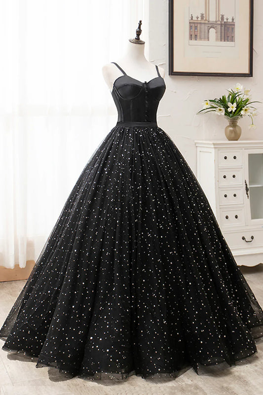 Black Tulle Long A-Line Long Prom Dresses, Black Evening Party Dresses TP724
