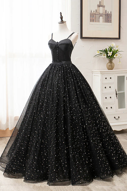 Black Tulle Long A-Line Long Prom Dresses, Black Evening Party Dresses TP724