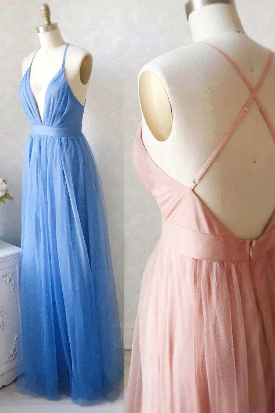 A-Line Tulle Long Prom Dresses, Simple V-Neck Party Dresses TP726