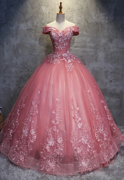 Vestidos de fiesta largos de encaje rosa, vestidos de noche de corte A con hombros descubiertos TP733