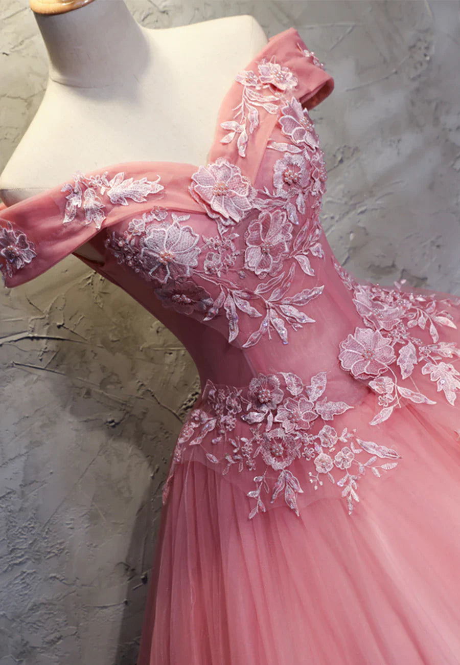Vestidos de fiesta largos de encaje rosa, vestidos de noche de corte A con hombros descubiertos TP733