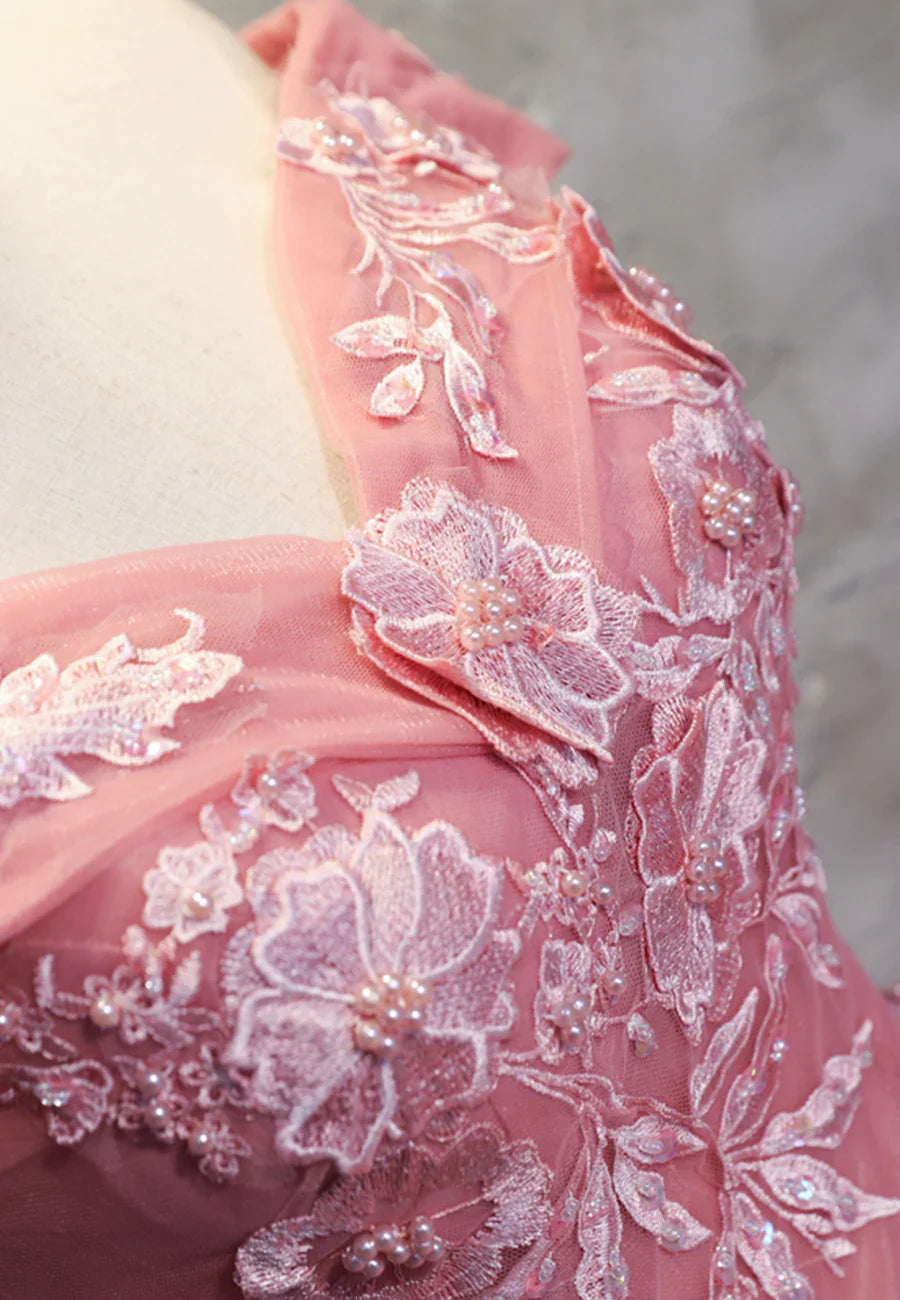 Vestidos de fiesta largos de encaje rosa, vestidos de noche de corte A con hombros descubiertos TP733