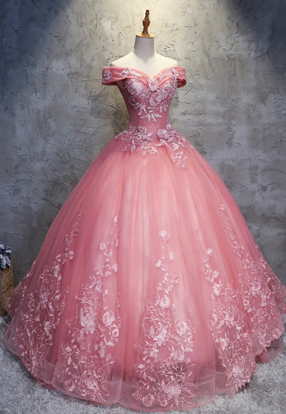 Vestidos de fiesta largos de encaje rosa, vestidos de noche de corte A con hombros descubiertos TP733