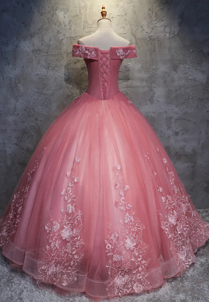 Vestidos de fiesta largos de encaje rosa, vestidos de noche de corte A con hombros descubiertos TP733