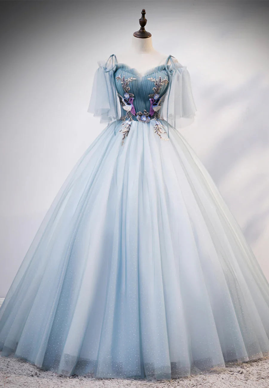 Hermosos vestidos de fiesta largos azules con tirantes finos y encaje, TP734