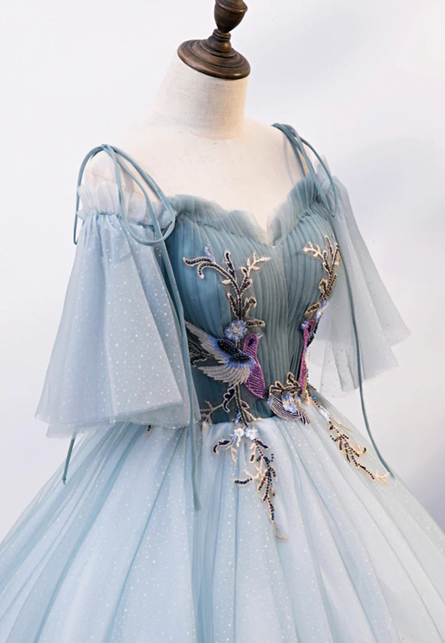Hermosos vestidos de fiesta largos azules con tirantes finos y encaje, TP734