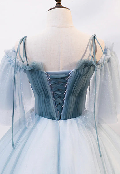Hermosos vestidos de fiesta largos azules con tirantes finos y encaje, TP734