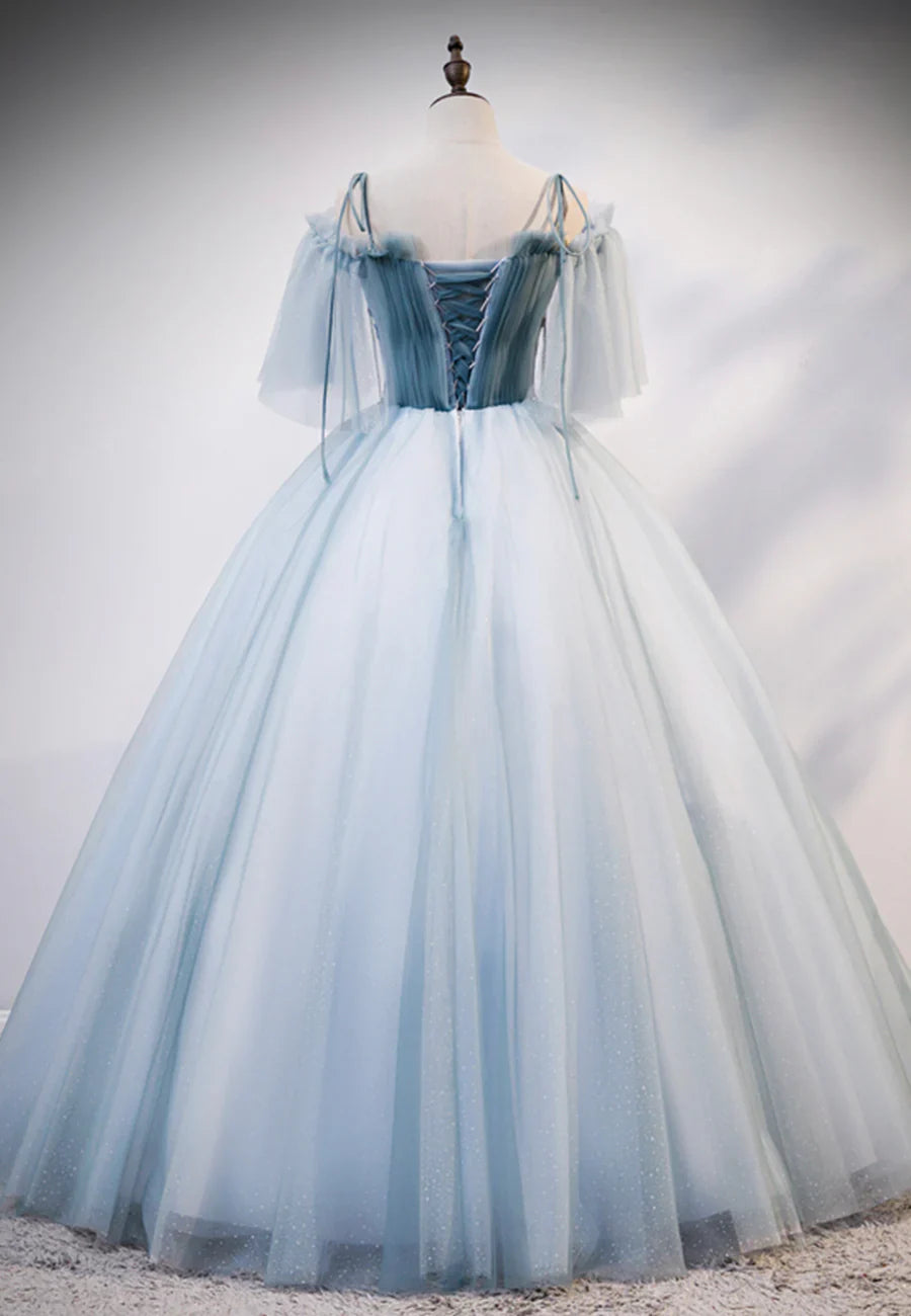 Hermosos vestidos de fiesta largos azules con tirantes finos y encaje, TP734