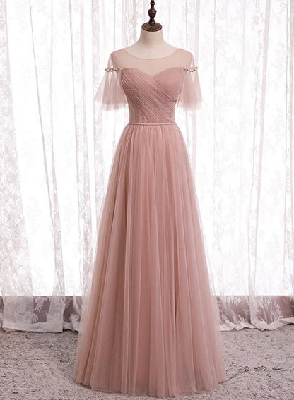 Pink Tulle Long Prom Dresses, A-Line Evening Party Dresses TP739