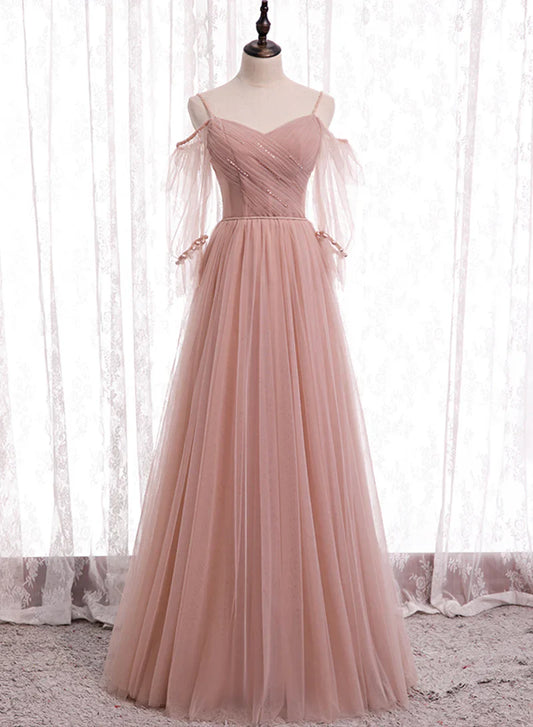 Pink Tulle Long Prom Dresses, A-Line Evening Party Dresses TP739