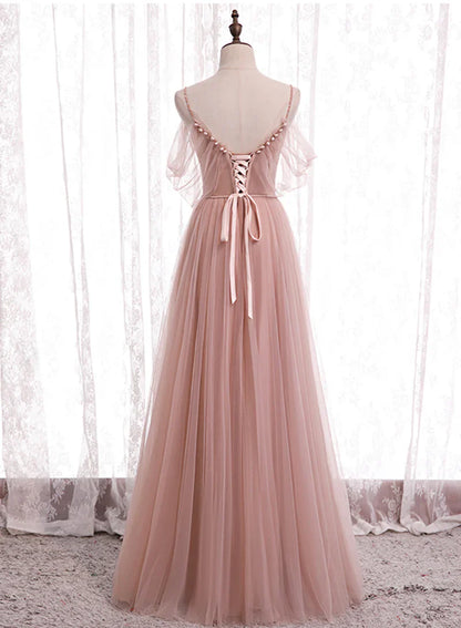 Pink Tulle Long Prom Dresses, A-Line Evening Party Dresses TP739