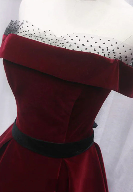 Vestidos de fiesta largos de terciopelo burdeos, vestidos de noche de corte A TP741