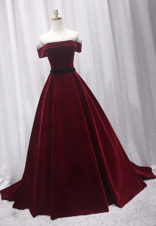 Vestidos de fiesta largos de terciopelo burdeos, vestidos de noche de corte A TP741
