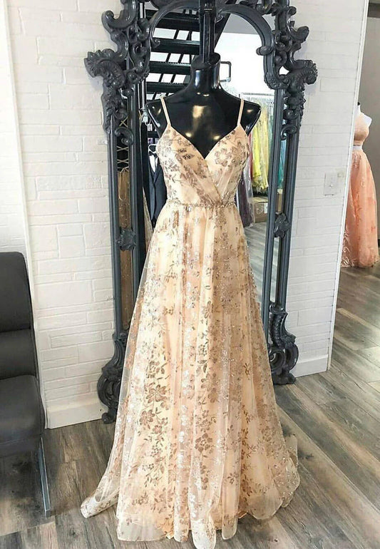 Vestidos de fiesta largos con lentejuelas y escote en V color champán, vestidos de noche de corte A TP742