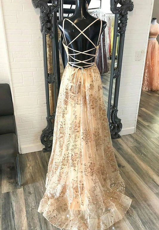 Vestidos de fiesta largos con lentejuelas y escote en V color champán, vestidos de noche de corte A TP742