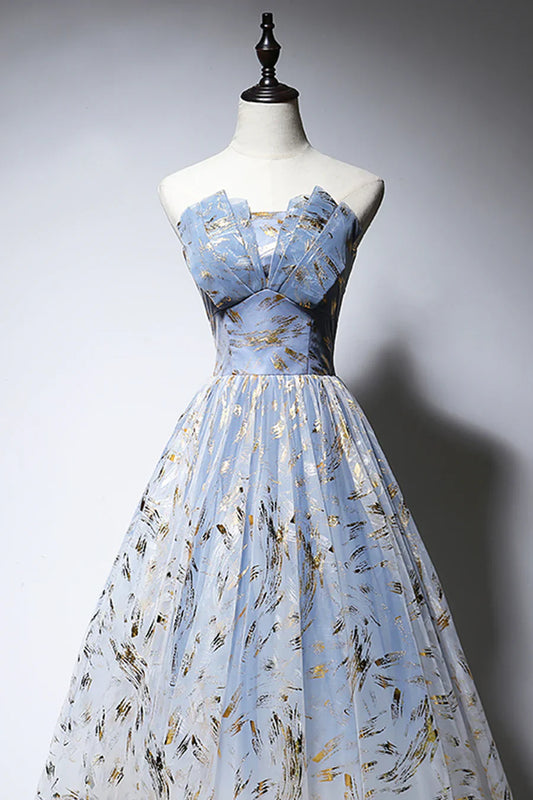 Blue Strapless Ombre Tulle Long Prom Dresses, A-Line Evening Dresses TP743