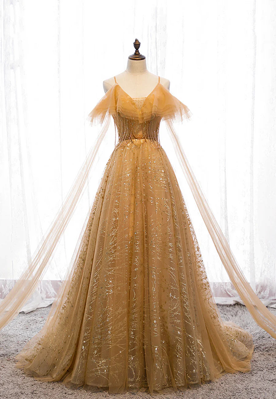 Vestidos de fiesta largos de tul con escote en V dorado, vestidos de noche de corte A TP744