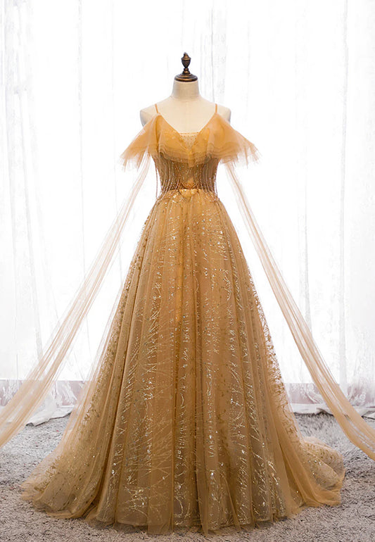 Vestidos de fiesta largos de tul con escote en V dorado, vestidos de noche de corte A TP744