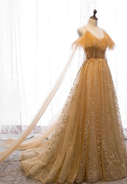 Vestidos de fiesta largos de tul con escote en V dorado, vestidos de noche de corte A TP744