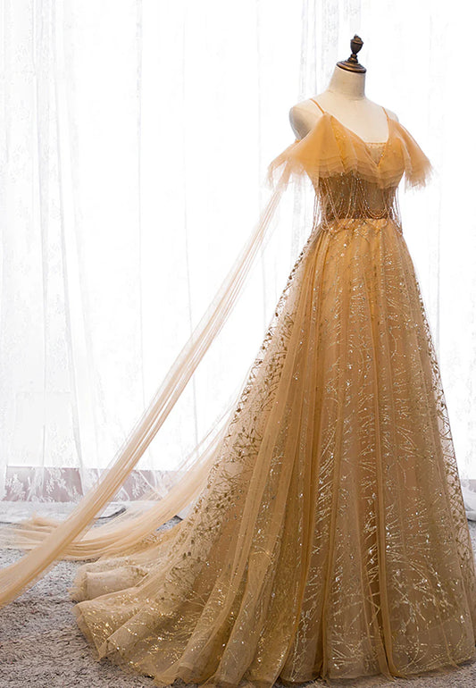 Vestidos de fiesta largos de tul con escote en V dorado, vestidos de noche de corte A TP744