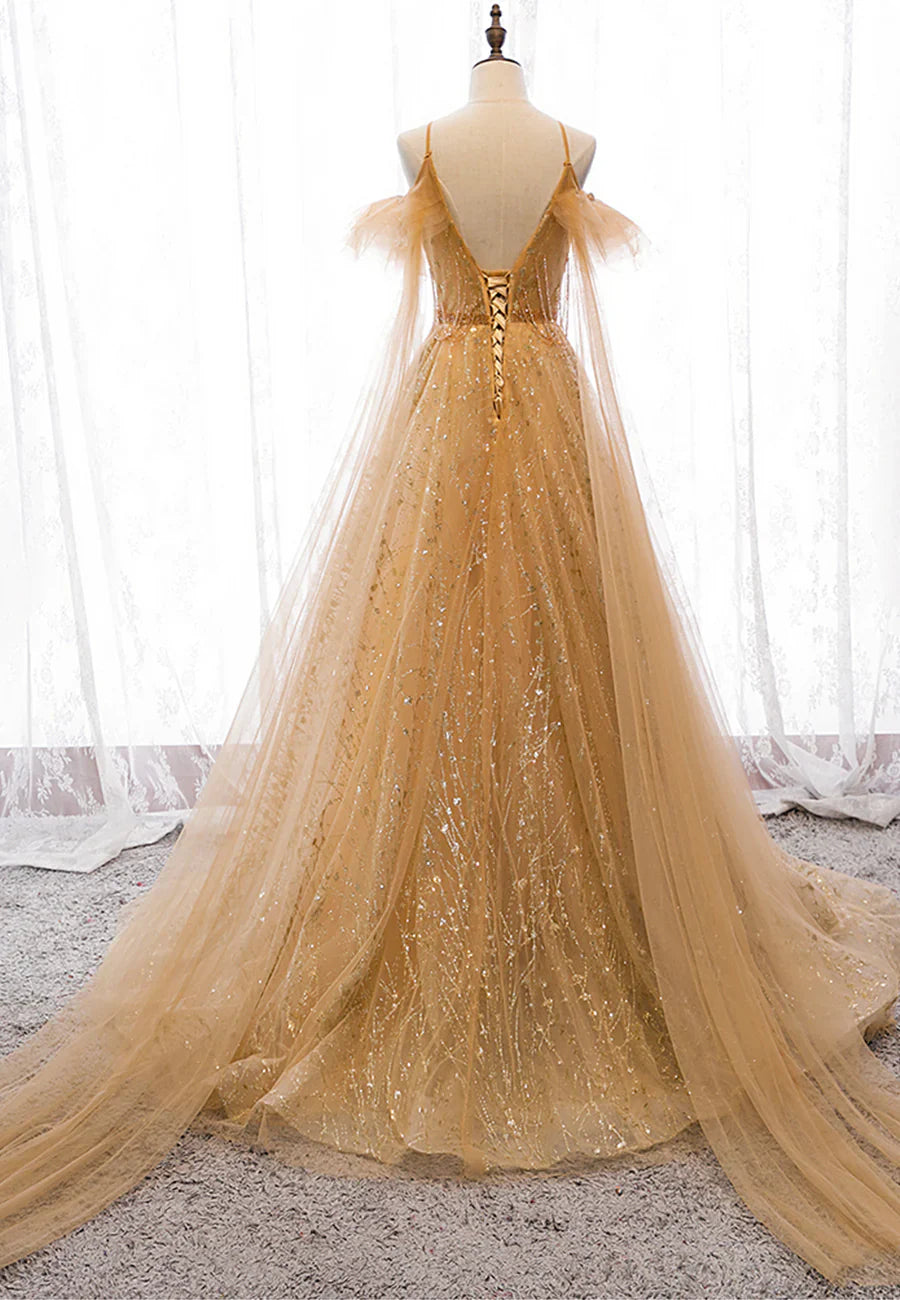 Vestidos de fiesta largos de tul con escote en V dorado, vestidos de noche de corte A TP744