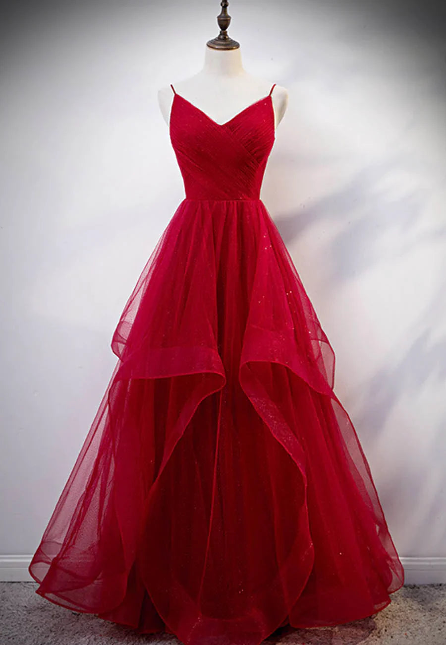 Vestido de fiesta largo de tul burdeos con escote en V TP750
