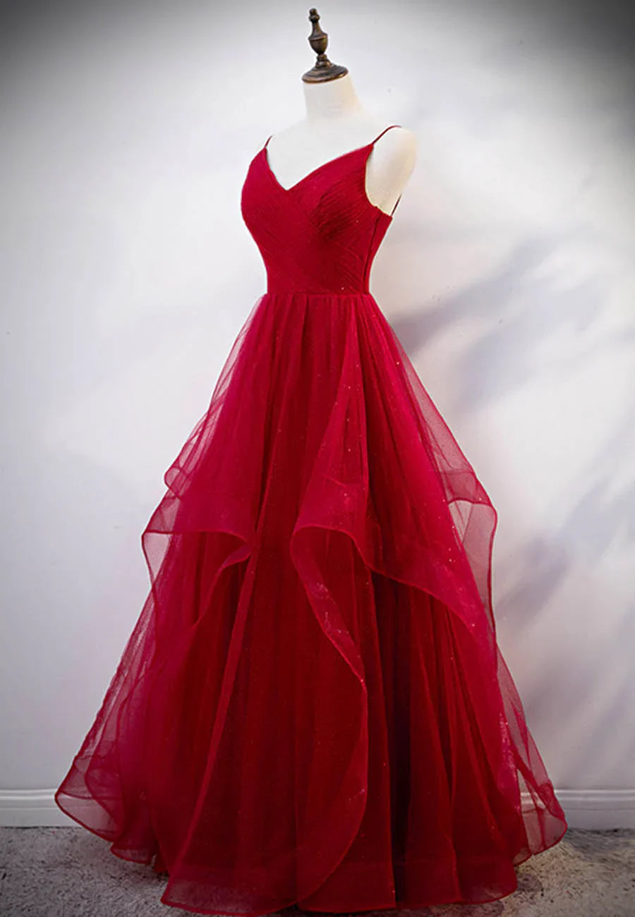 Vestido de fiesta largo de tul burdeos con escote en V TP750