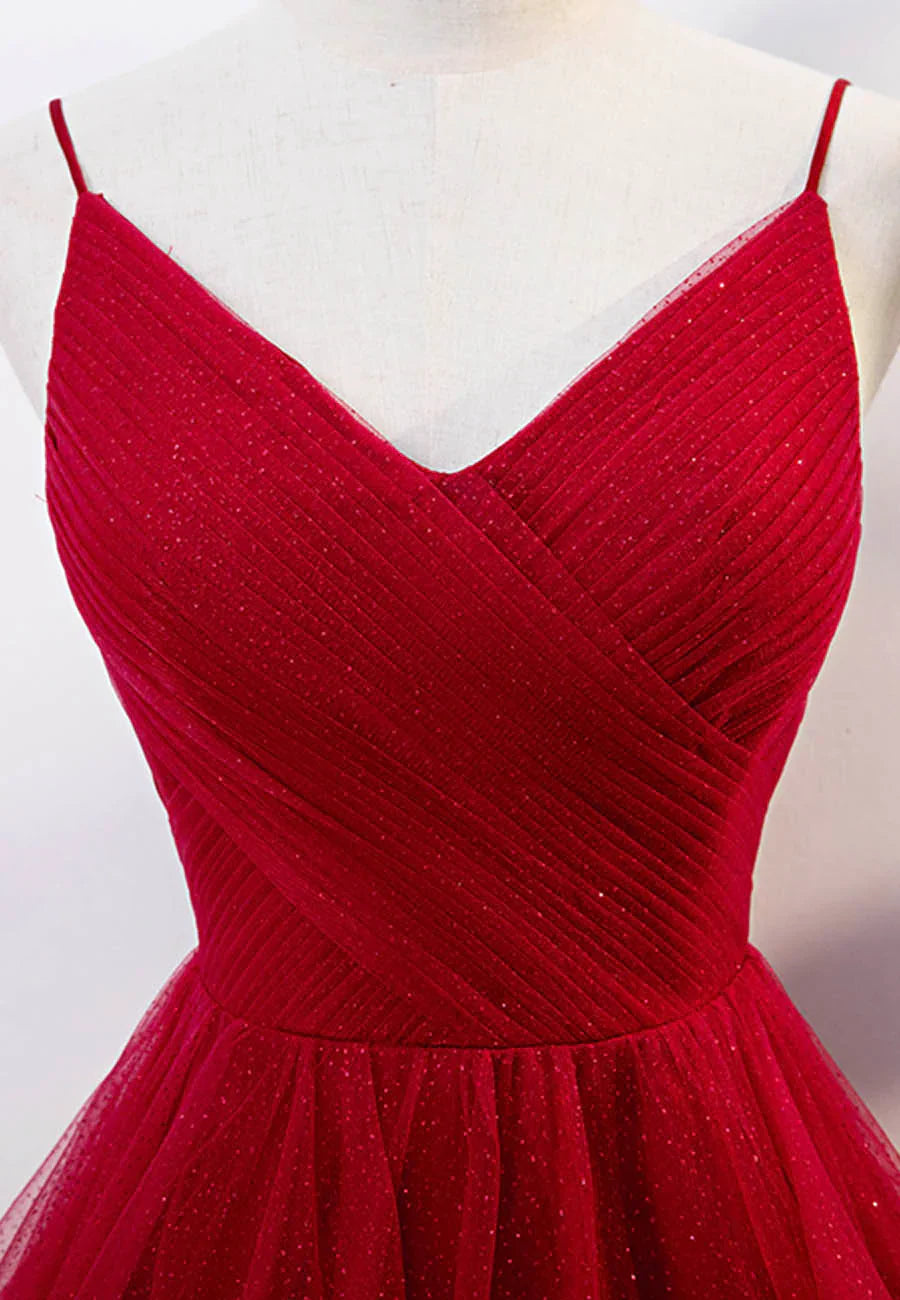 Vestido de fiesta largo de tul burdeos con escote en V TP750