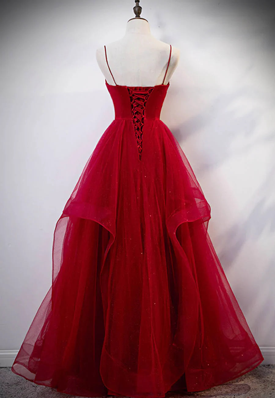 Vestido de fiesta largo de tul burdeos con escote en V TP750