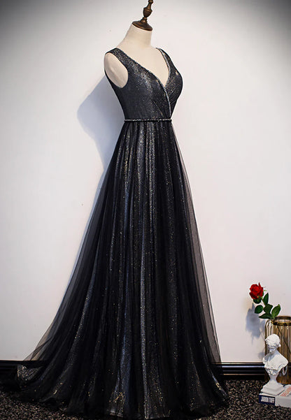 Black V-Neck Tulle Long Prom Dresses, A-Line Evening Dresses TP751