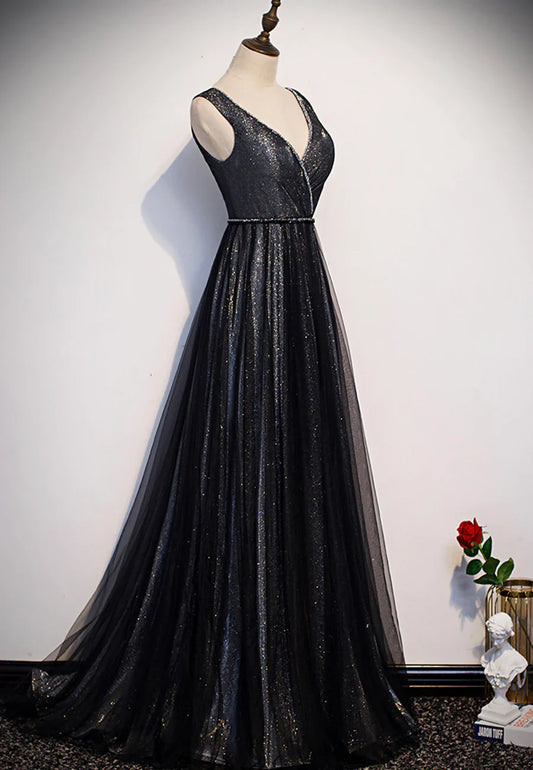 Black V-Neck Tulle Long Prom Dresses, A-Line Evening Dresses TP751
