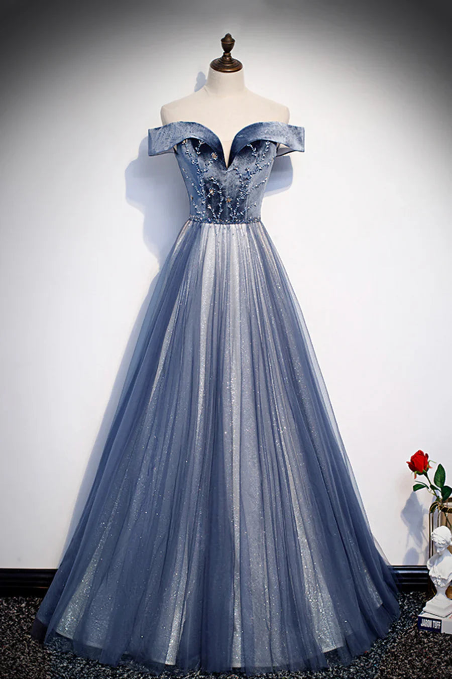 Blue Velvet Tulle Long Prom Dresses, Off the Shoulder Evening Dresses TP752
