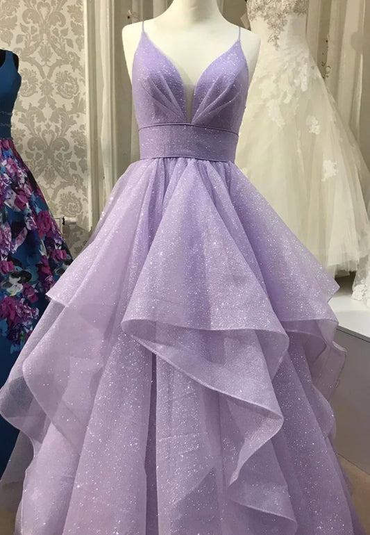 Vestidos de fiesta largos de tul morado con escote en V, vestidos de noche de corte A TP756