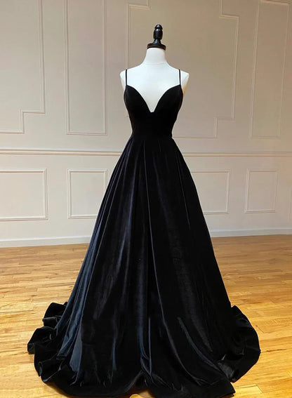 Black A-Line Velvet Long Prom Dresses, Black Evening Dresses TP758