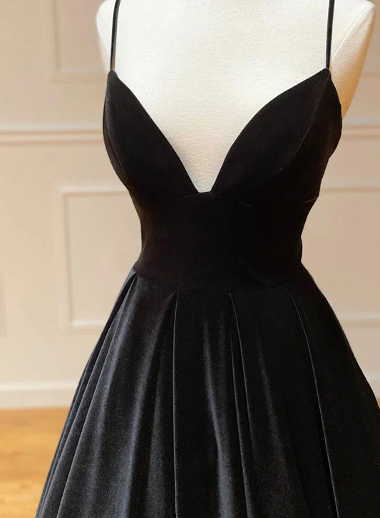 Black A-Line Velvet Long Prom Dresses, Black Evening Dresses TP758