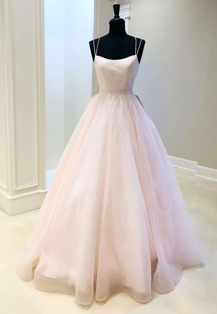 Vestidos de fiesta largos de tul rosa con corte A, vestidos de graduación formales rosas TP762