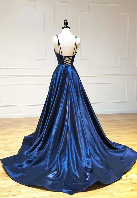 Simple Satin Long Prom Dresses, A Line Blue Evening Dresses TP763
