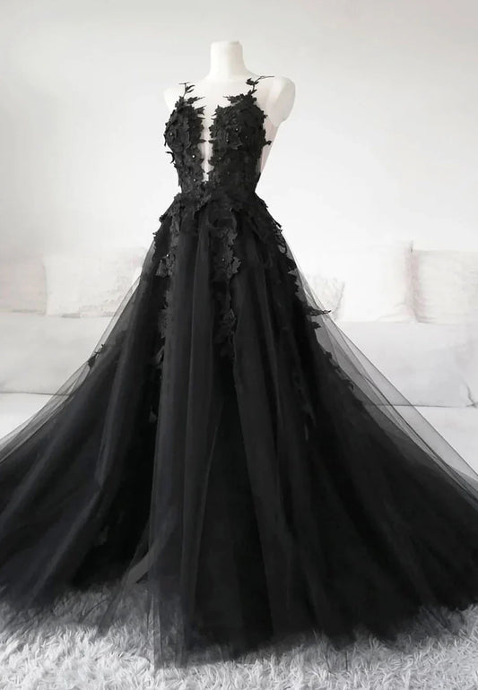 Black Tulle Lace Long Prom Dress, Black Formal Graduation Dress TP767
