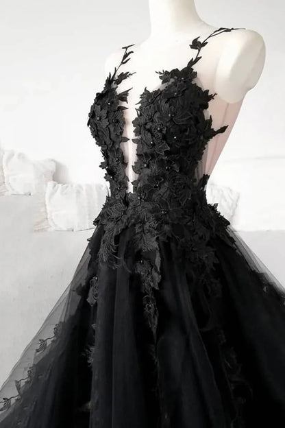 Black Tulle Lace Long Prom Dress, Black Formal Graduation Dress TP767
